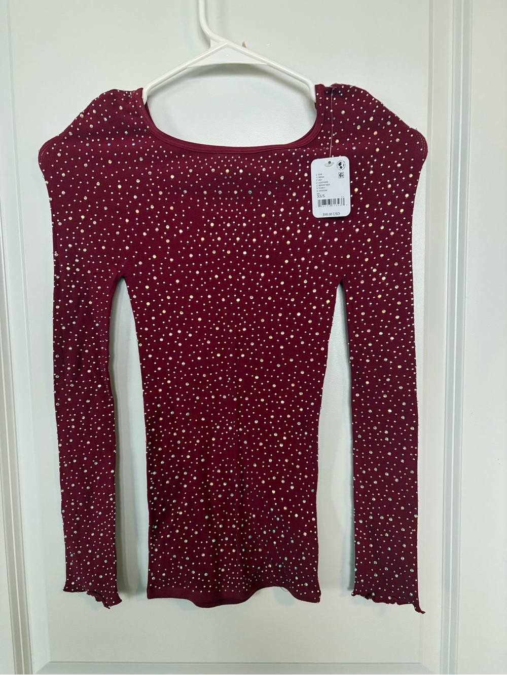 Womens Burgundy Long-Sleeve Sparkle Top